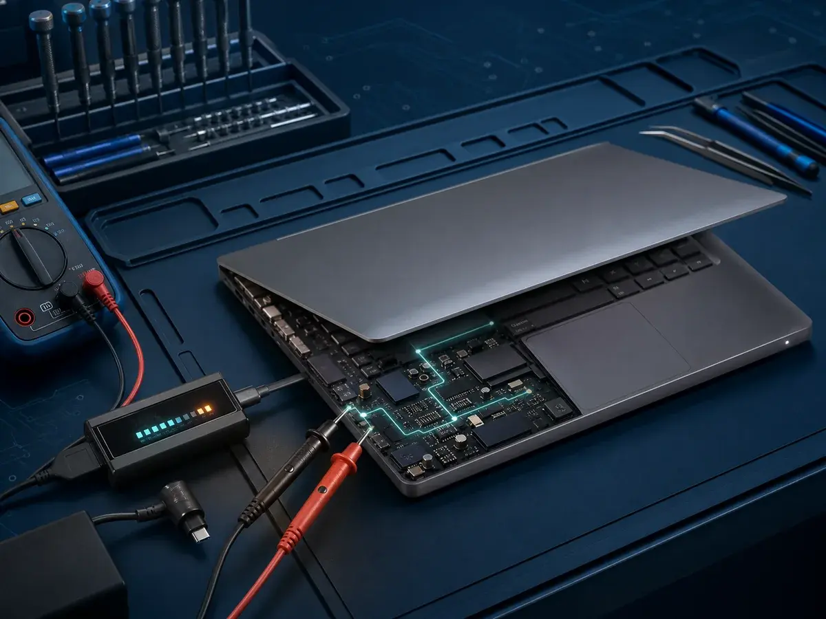 Laptop verificat cu aparate de măsură pentru diagnosticarea unei probleme de alimentare