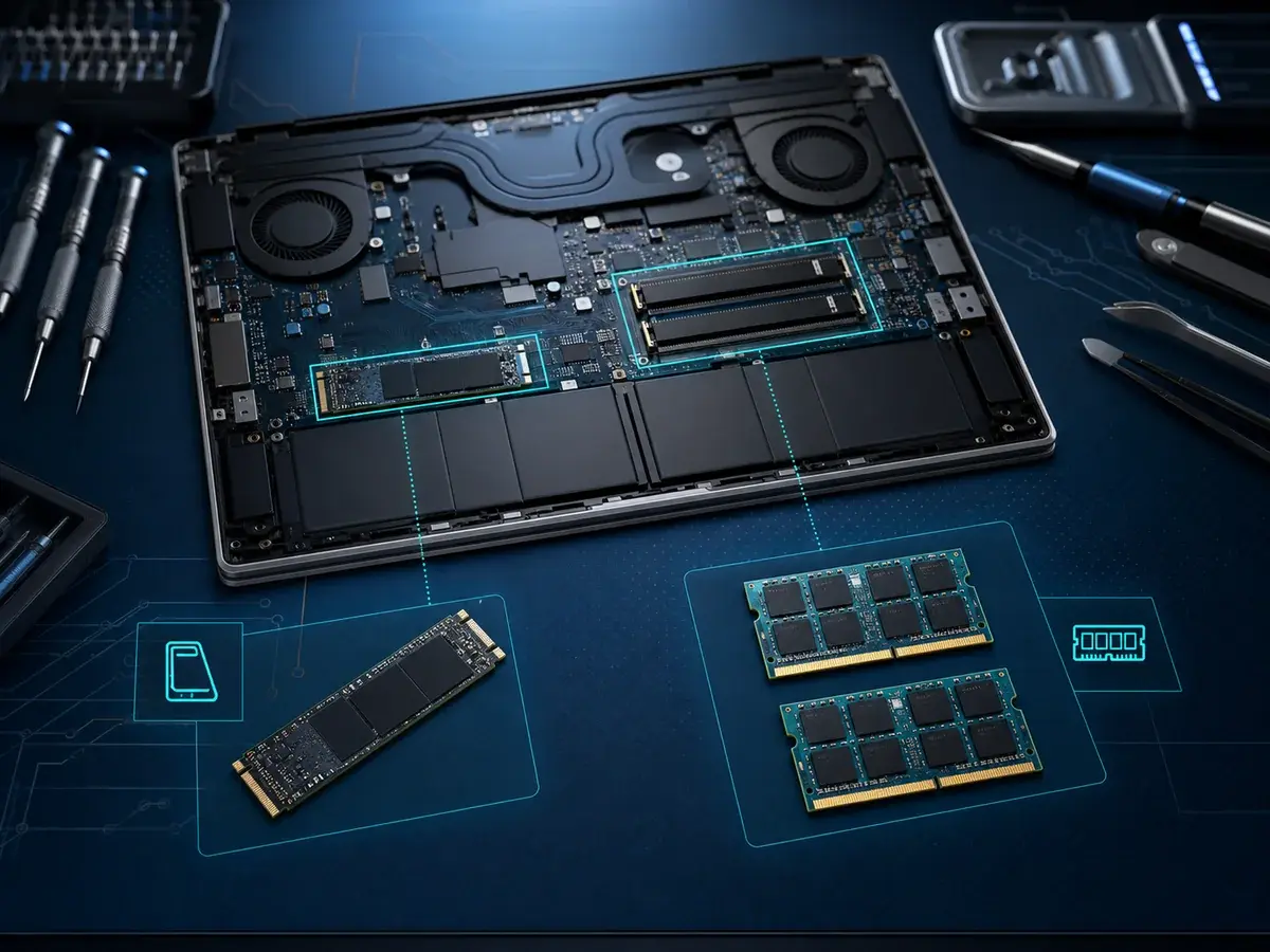 Laptop deschis pe bancul de service, cu un SSD M.2 și două module RAM pregătite pentru verificarea compatibilității